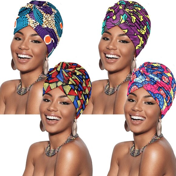 4 Pieces African Headwrap Turban for Women Hair Wrap Head Cap Stretch Pre-Tied K - Picture 1 of 7
